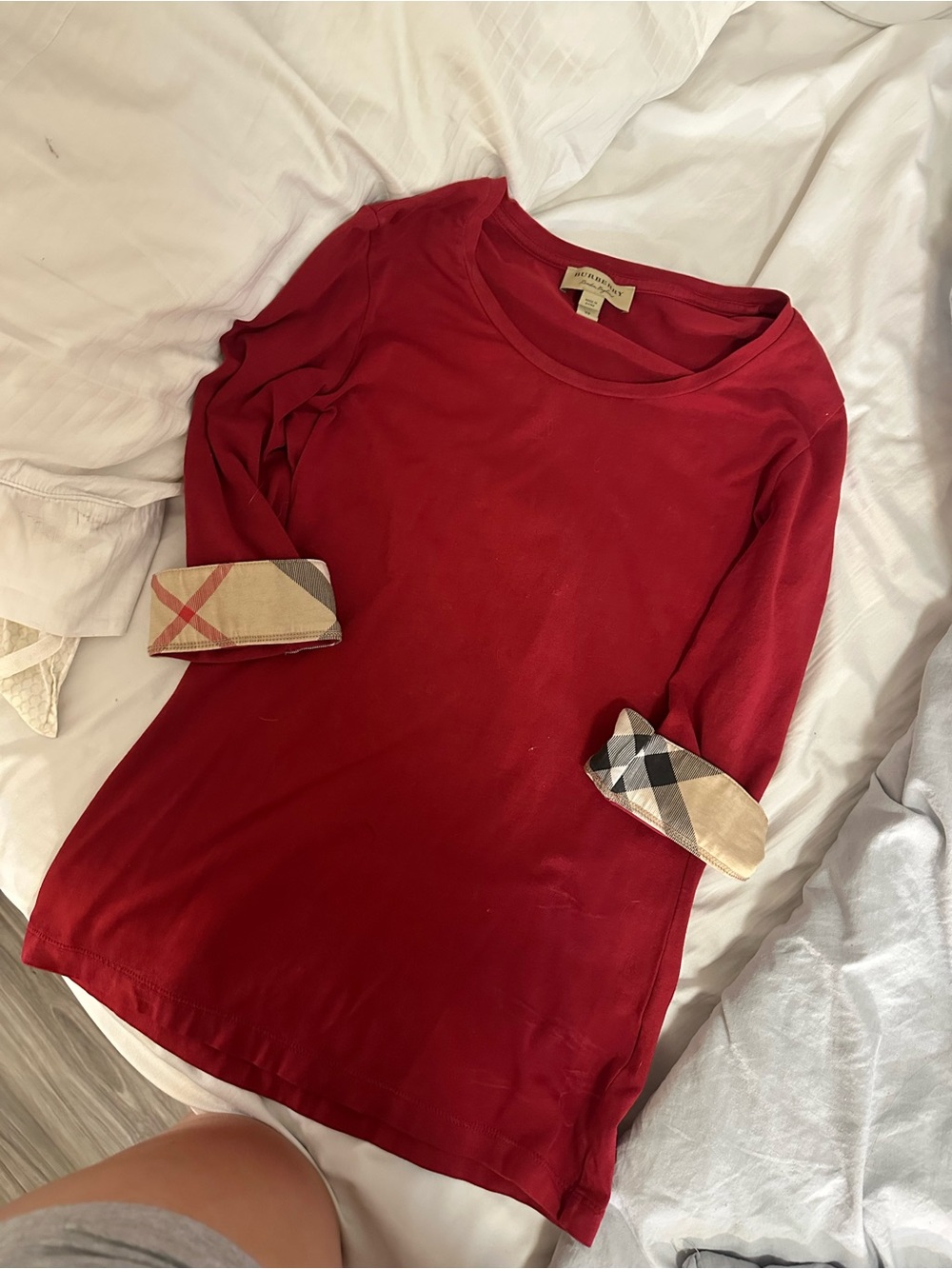 Authentic Burberry Red Long Sleeve Cotton Top with Signature Check Cuffs